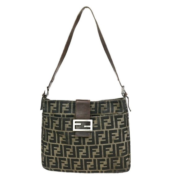 FENDI Logo Zucca Pattern Hand Bag Canvas Leather Brown SHW Made In Italy